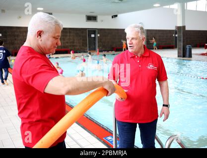 Essen, Germany. 09th Mar, 2023. Swimming supervisor Enrique Gonzalez (l) and lifeguard instructor Michael Katz talk shop at the Thurmfeld sports pool. They are looking for staff for the outdoor pool season. If the required 50 lifeguards are missing in the summer, many outdoor pools could remain closed. (to dpa: 'If the lifeguard is missing - outdoor pools are looking for staff for the summer') Credit: Roland Weihrauch/dpa/Alamy Live News Stock Photo