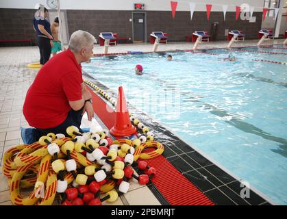Essen, Germany. 09th Mar, 2023. Swimming supervisor Enrique Gonzalez watches the action in the pool at the Thurmfeld Sports Pool. The pools are looking for staff for the outdoor pool season. If the required 50 lifeguards are missing in the summer, many outdoor pools could remain closed. (to dpa: 'When the lifeguard is missing - outdoor pools are looking for staff for the summer') Credit: Roland Weihrauch/dpa/Alamy Live News Stock Photo