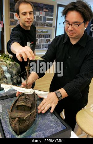 Guillaume Aretos Production Designer Of Shrek The Third Works On A Peter Zaslav Art Director Of Shrek The Third Left And Guillaume Aretos Production Designer Arrange A Model Ship At The Pdi Dreamworks Animation Complex In Redwood City Calif Wednesday April 4 2007 The Film Looks Likely To Meet As One Of Summers Hottest Tickets Ap Photojeff Chiu 2pbmymk