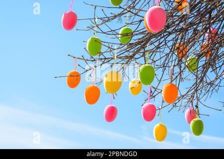 Multi-colored Easter eggs against the background of a light blue sky, horizontal format Stock Photo