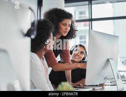 Call center, mentor and teaching with people in office for training, commitment and coaching. Advice, customer service and contact us with employee at Stock Photo