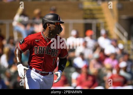 Glendale, United States. 24th Feb, 2023. Arizona Diamondbacks designated  hitter Kyle Lewis (1) homers on a fly ball to center field in the first  inning of an MLB spring training baseball game against the Colorado Rockies  at Salt River Fields, Sunday, M