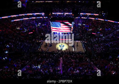 March 11 2023 Las Vegas, NV, U.S.A. Overhead view of T Mobile during the national anthem before the NCAA Pac 12 Men's Basketball Tournament Championship between Arizona Wildcats and the UCLA Bruins at T Mobile Arena Las Vegas, NV. Thurman James/CSM Stock Photo