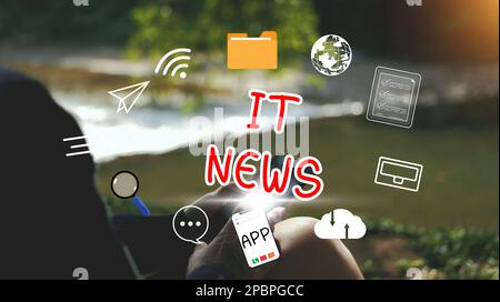 Online breaking news concept. hand holding smartphone using to watch around the globe news and daily updates on web page screens. Flat design of smart Stock Photo