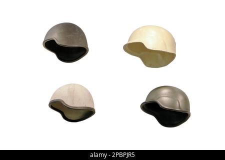 Helmet soldiers and police at an of military uniforms, isolated on a white background Stock Photo