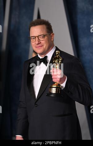 Brendan Fraser, winner of the best performance by an actor in a leading role for 'The Whale', attending the Vanity Fair Oscar Party held at the Wallis Annenberg Center for the Performing Arts in Beverly Hills, Los Angeles, California, USA. Picture date: Sunday March 12, 2023. Stock Photo