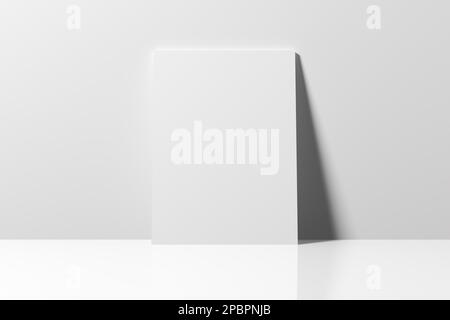 Empty blank white poster leaning on a wall. Abstract minimalist mockup for advertisement or announcements. 3d rendering. Stock Photo