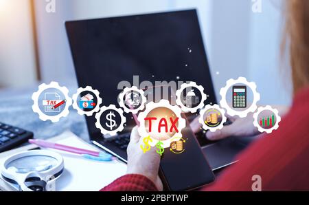 Concept of taxes paid by individuals and corporations such as VAT, income tax and property tax Data analysis, paperwork,Financial research. Background Stock Photo