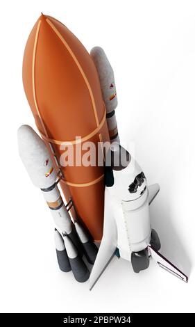 Rocket carrying space shuttle launches off. 3D illustration. Stock Photo