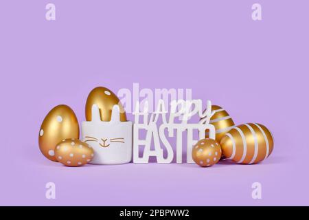 Golden easter eggs and text Happy easter on violet background Stock Photo