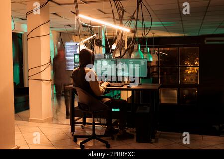 Cyber security, it specialist coding antivirus program, data protection. Software developer programming malware, cybersecurity technology, encryption, application development Stock Photo