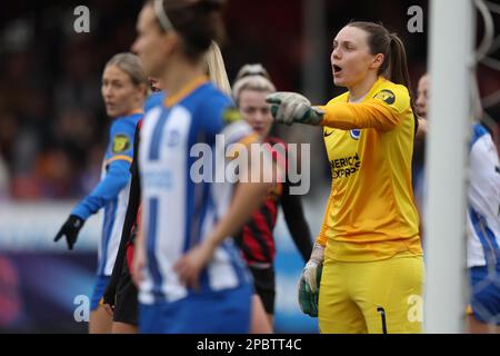 Crawley, UK. 12th Mar, 2023. Brighton's Megan Walsh shouts instructions to he team mates during the FA Women's Super League match between Brighton & Hove Albion and Manchester City at the Broadfield Stadium. Credit: James Boardman/Alamy Live News Stock Photo