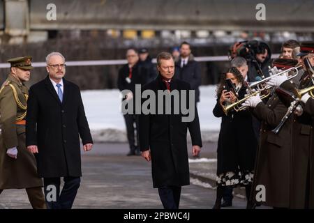 RIGA, LATVIA. 13th March 2023. Egils Levits, President of Latvia and His Royal Highness the Grand Duke of Luxembourg arrival at Riga Castle Stock Photo