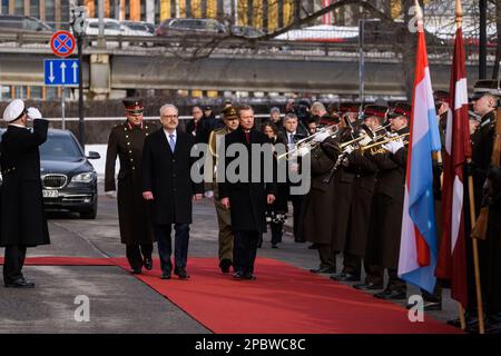 RIGA, LATVIA. 13th March 2023. Egils Levits, President of Latvia and His Royal Highness the Grand Duke of Luxembourg arrival at Riga Castle Stock Photo