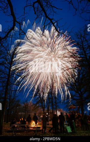 Watching fireworks in a park to celebrate Canada Day Stock Photo