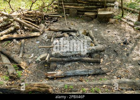 Empty picnic spot in a forest in Europe. Fire place with charred wood, sitting spaces made of logs, wide angle shot, no people Stock Photo