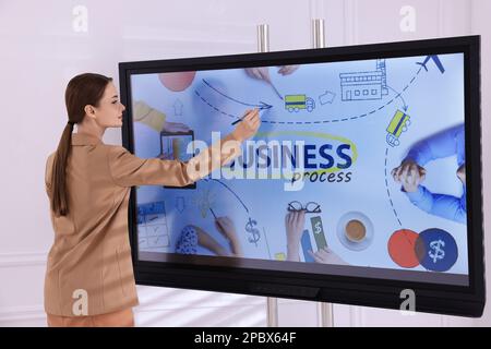 Business trainer using interactive board in meeting room Stock Photo