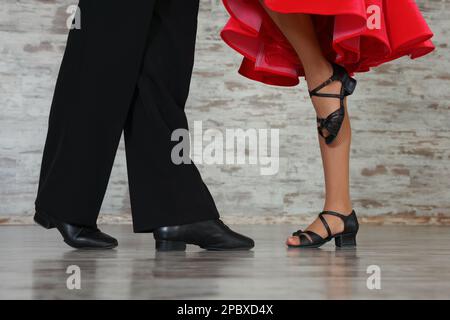 Couple of kids dancing together in studio, closeup Stock Photo