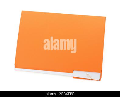 Orange file with documents isolated on white, top view Stock Photo