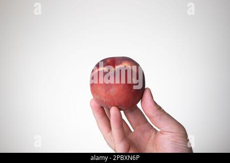Fresh ripe peach held in hand by Caucasian male hand. Close up studio shot, isolated on a white background. Stock Photo