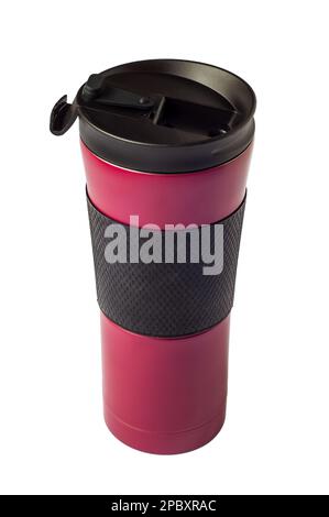 Red thermal mug with plastic black lid and rubber ring. Stock Photo