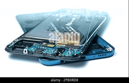 main case and back cover of disassembled blue smartphone isolated on white background close up Stock Photo