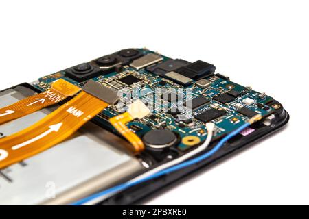 main case and back cover of disassembled blue smartphone isolated on white background close up Stock Photo