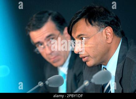 FILE ** Mittal Steel President Aditya Mittal, left, and Chief Executive  Officer Lakshmi Mittal, right, are seen at the start of a media conference  in Rotterdam, the Netherlands, in this Tuesday