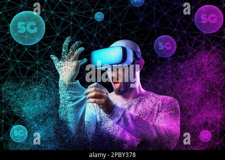 Metaverse contemporary art collage. Portrait of shocked disappearing bald and bearded man in VR glasses. Black background with neon grid and 5G sphere Stock Photo