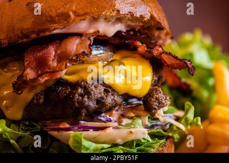 Homemade cheeseburger with cheese and vegetables served with french fries and salad Stock Photo