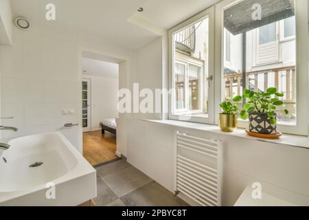 Modern bathroom with sinks placed under mirror near toilet bowl against window with potted plant on windowsill in light apartment with tiled walls Stock Photo