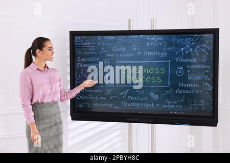 Business trainer using interactive board in meeting room Stock Photo