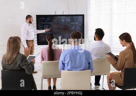 Business trainer using interactive board in meeting room during presentation Stock Photo