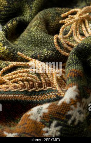 Close up view of antique piece of handmade carpet, textile detail Stock Photo