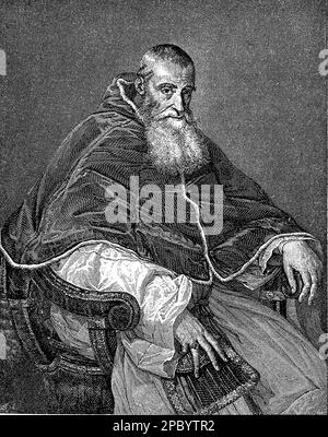 Portrait of Pope Paul III by Tiziano depicts a powerful and authoritative figure, with piercing eyes, a stern expression, and the traditional papal vestments. His strong features are enhanced by a dramatic use of light and shadow, emphasizing his position as the leader of the Catholic Church during a period of great political and religious turmoil. Stock Photo