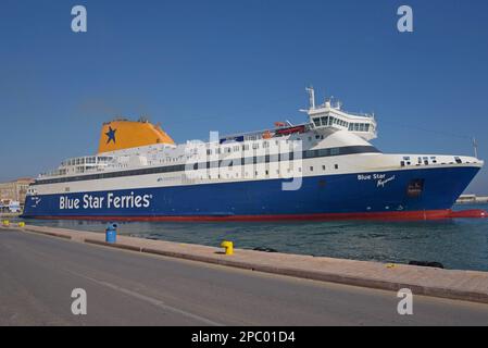 The Blue Star Myconos ferry leaving the Greek island port of Chios bound for Piraus port, Athens, Greece. January 2022 Stock Photo