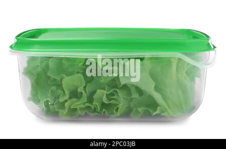 Fresh lettuce in plastic container isolated on white Stock Photo