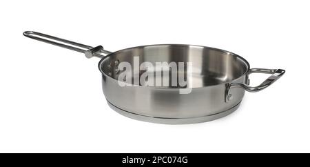 New stainless steel frying pan isolated on white Stock Photo
