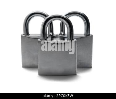 Three steel padlocks , isolated on white background, front view Stock Photo
