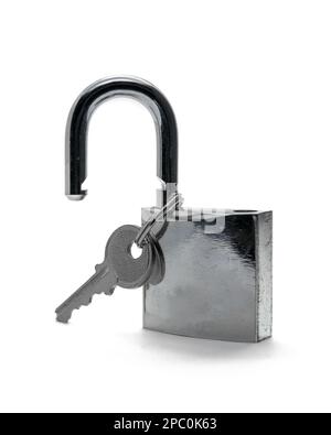 Unlocked steel padlock with key, isolated on white background Stock Photo
