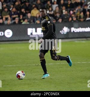 March 12, 2023: LAFC defender Jesus Murillo brings the ball up field in the second half of play. LAFC defeated New England Revolution 4-0 at BOM Stadium, Los Angeles CA, USA, March 12, 2023. (Credit Image: © Scott Mitchell/ZUMA Press Wire) EDITORIAL USAGE ONLY! Not for Commercial USAGE! Stock Photo