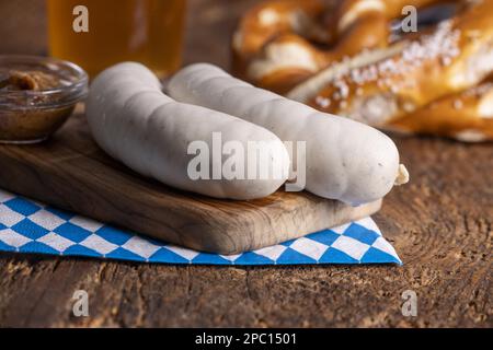 Two Bavarian White Sausages On Wood Stock Photo