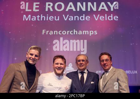 chef Tim Boury, Mathieu Vande Velde of Le Roannay, Chef Peter Goossens and chef Viki Geunes pictured during the presentation of the new edition of the Michelin 2023 restaurant and hotel guide for Belgium and Luxembourg, in Mons, Monday 13 March 2023. BELGA PHOTO BENOIT DOPPAGNE Stock Photo