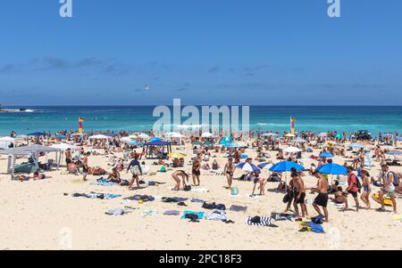 People on the crowded sand of Bondi Beach in the summer Stock Photo