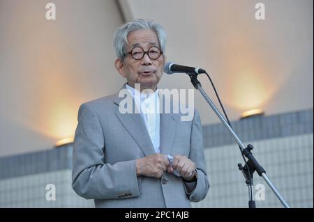 Nobel prize winner Kenzaburo Oe speaks at protest against Prime Minister Shinzo Abe's security policies and nuclear power in Tokyo on September 23, 2015. Some 25,000 people participated according to the organizers. Stock Photo