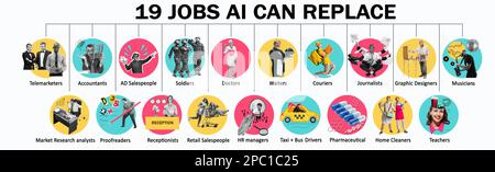 Set of icons with professions artificial intelligence can replace. Modern technologies and future machine automation Stock Photo