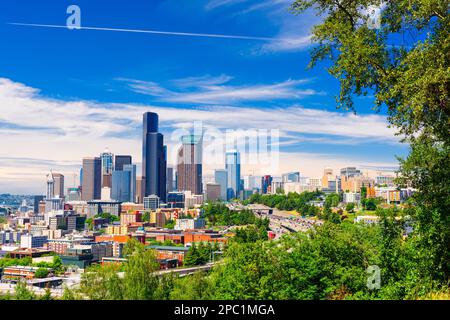 Seattle, Washington, USA downtown skyline and highways in the afternoon. Stock Photo