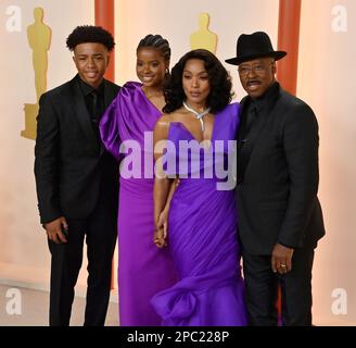 Angela Bassett (2R), Courtney B. Vance (L), Bronwyn Golden Vance (2L) and Slater Josiah Vance (R) attend the 95th annual Academy Awards at the Dolby Theatre in the Hollywood section of Los Angeles on Sunday, March 12, 2023. Photo by Jim Ruymen/UPI Stock Photo