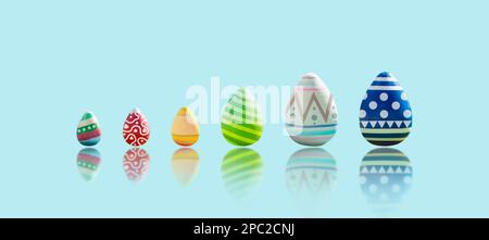 Easter eggs isolated is painted in different patterns on blue background with reflection, happy easter celebration concept, 3D illustration rendering Stock Photo