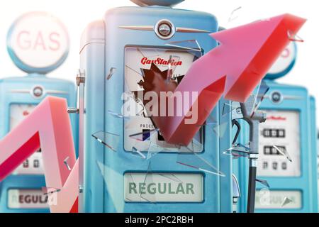 Gas and fuel prices explosive growth concept. Gasoline pump nozzle station and arrow. 3d illustration Stock Photo